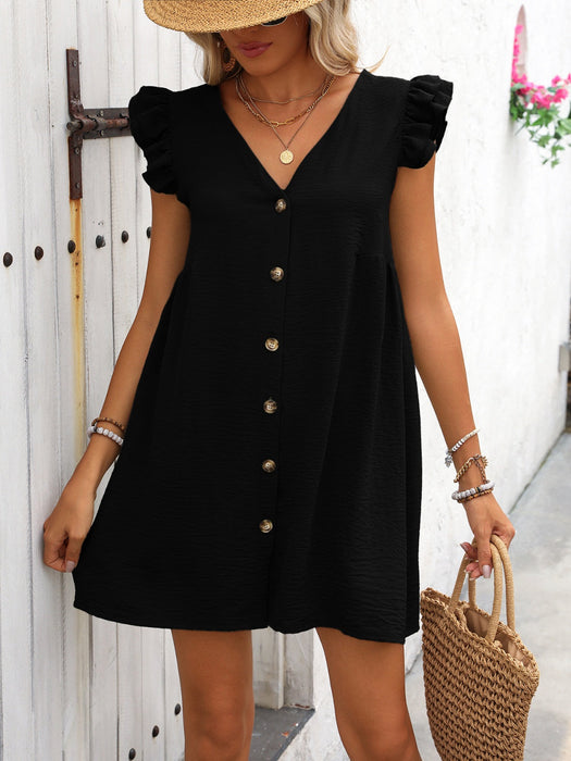 Button Up V-Neck Cap Sleeve Mini Dress