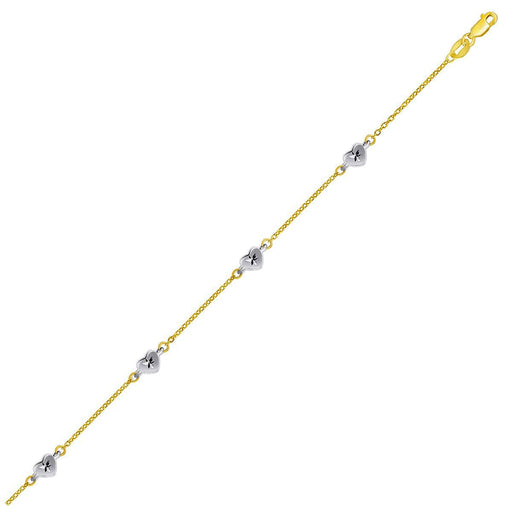 Bids.com 14k Two Tone Gold Anklet with Diamond Cut Heart Style Stations Accessories