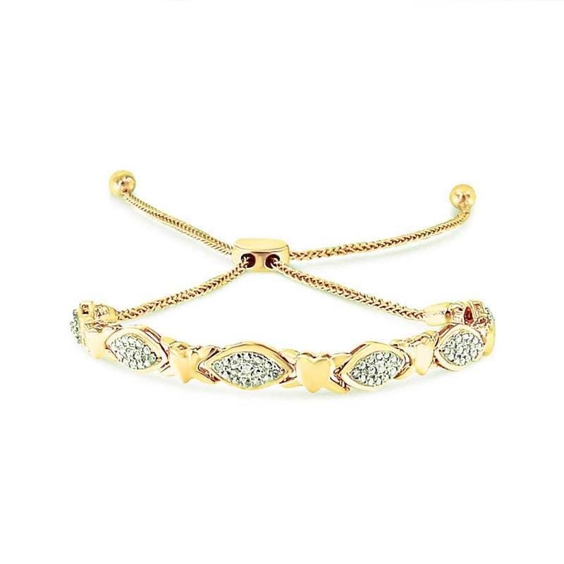 Bids.com 14K Yellow Gold Plated .925 Sterling Silver Diamond Accent Alternating Marquise Shape and Heart Links Bolo Bracelet (I-J Color, I3 Clarity) - Adjustable 6" to 9" Bracelets