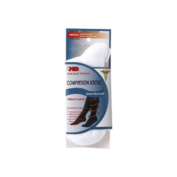 MD MD Ribbed Cushion Over The Calf Compression White Socks Medium Foot Care