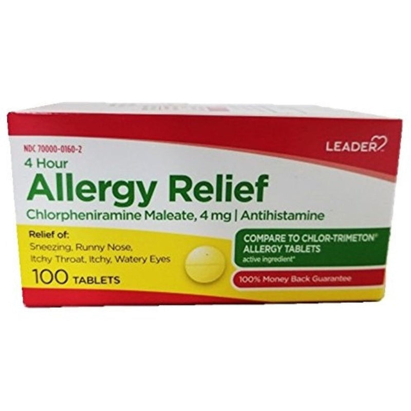 Leader Leader 4-Hour Allergy Relief, Chlorpheniramine Maleate 4mg (100 Tablets) Medicine & Drugs White Smoke