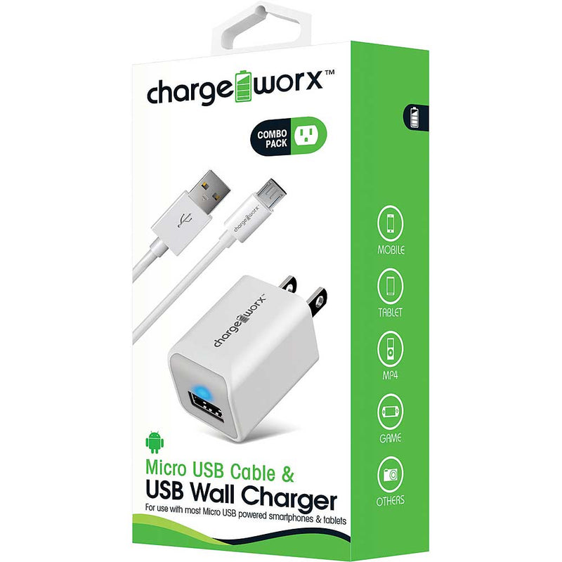 Chargeworx Chargeworx Micro USB Sync Cable & USB Wall Charger, White Power Adapters & Chargers