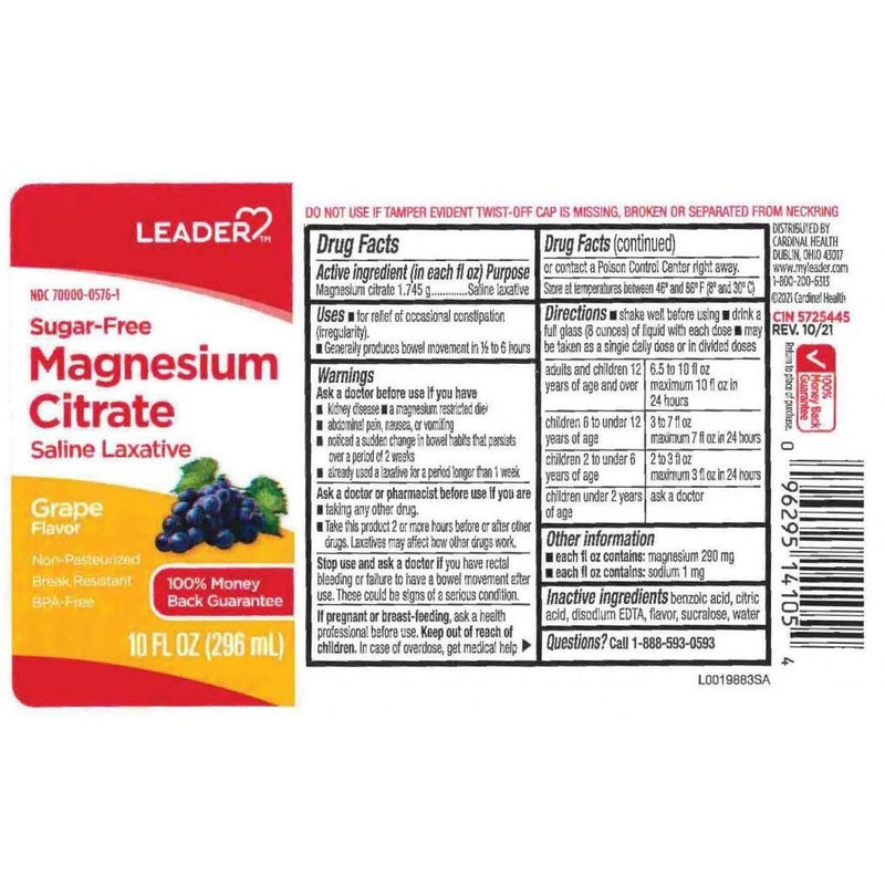 0 Leader Magnesium Citrate Saline Laxative, Sugar-Free Grape 10 Fl Oz 096295143119 Grapes