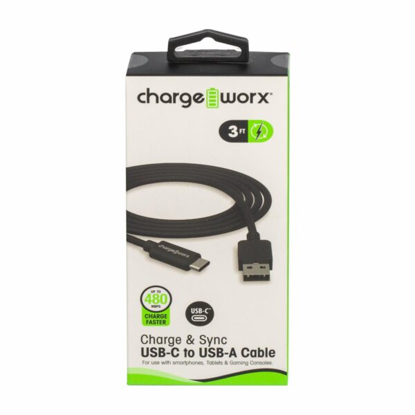 Charge Worxs Charge Worxs Chargeworx CX4626BK 3ft USB-C To USB-A Sync & Cable, Black Cables