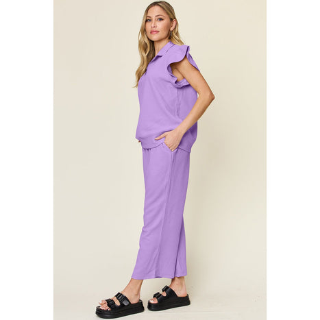 Texture Ruffle Short Sleeve Top and Drawstring Wide Leg Pants Set