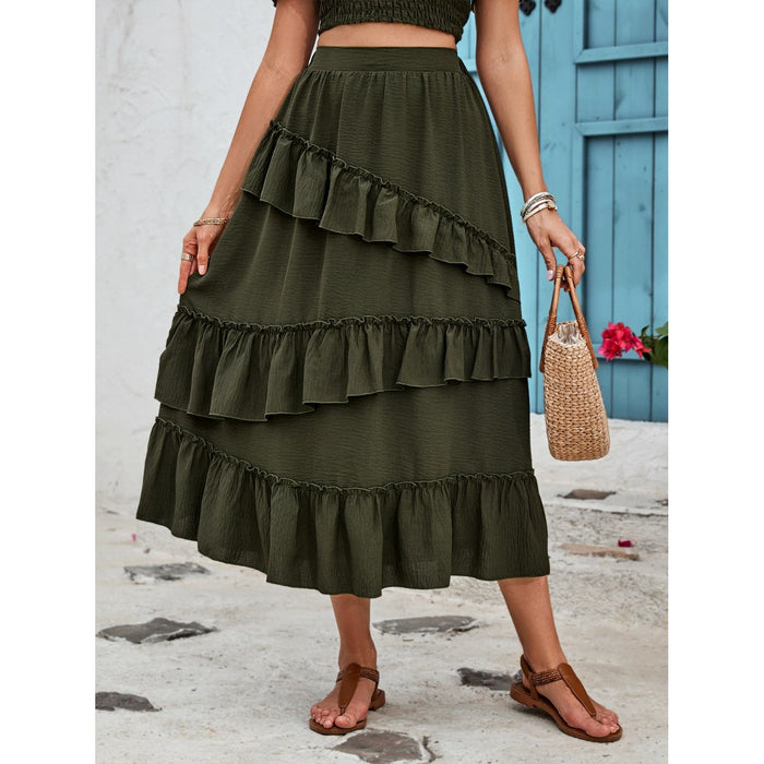 Ruffled Elastic Waist Midi Skirt