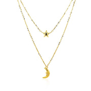Bids.com 14k Yellow Gold Double-Strand Chain Necklace with Puff Moon and Star Necklaces