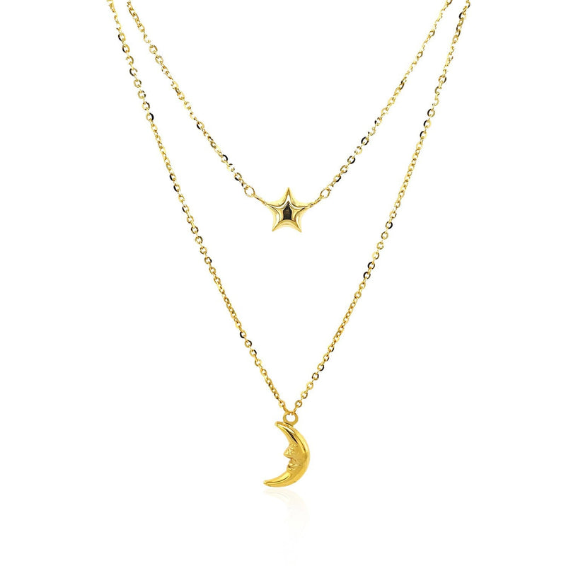 Bids.com 14k Yellow Gold Double-Strand Chain Necklace with Puff Moon and Star Necklaces