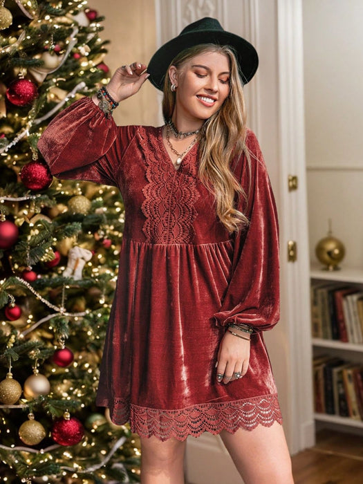 Plus Size Lace Detail V-Neck Long Sleeve Mini Dress in Rust