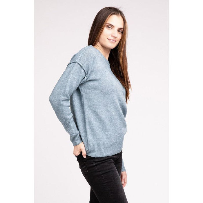 Melange Hi-Low Hem Round Neck Sweater