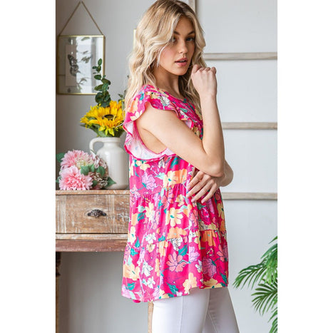 Heimish Floral Ruffle Sleeve Tiered Blouse