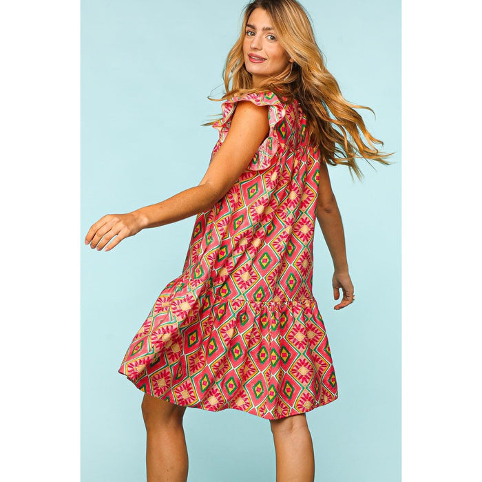 Ruffled Printed Dress with Side Pockets