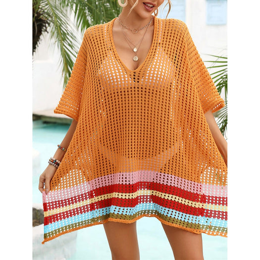 Slit Openwork V-Neck Half Sleeve Cover-Up