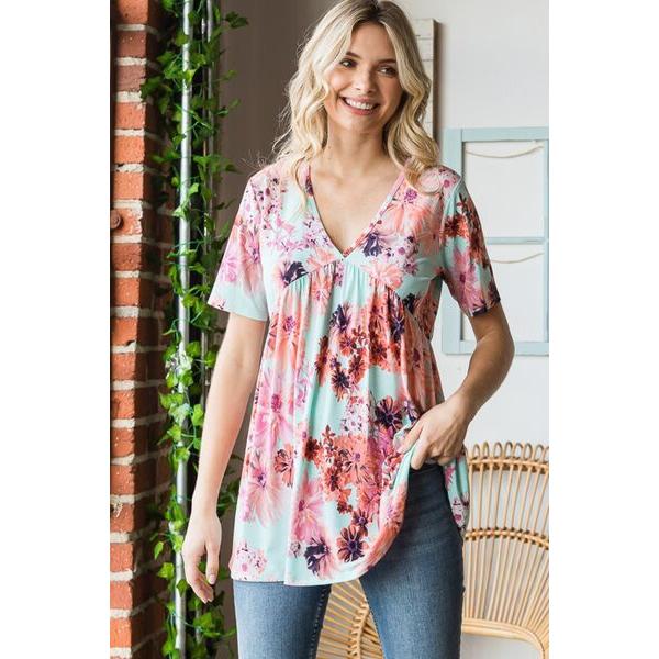 Heimish Floral V-Neck Short Sleeve Babydoll Blouse