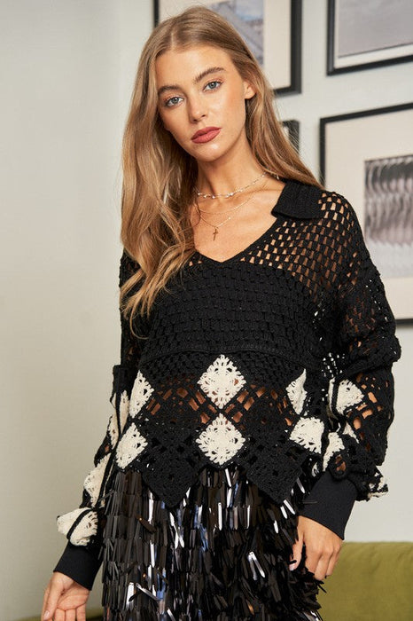 Crochet V Neck Long Sleeve Knit Sweater Top