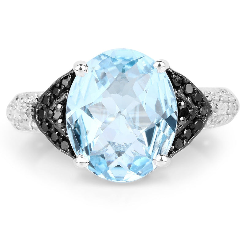 Bids.com 5.37 Carat Genuine Swiss Blue Topaz, Black Diamond & White Topaz .925 Sterling Silver Ring Rings