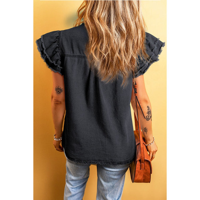 Raw Hem Button Up Cap Sleeve Denim Top