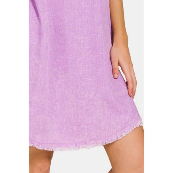 Washed Linen Raw Hem Dress with Pockets in Bright Lavender