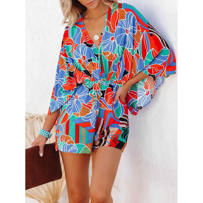 Tied Printed Kimono Sleeve Romper