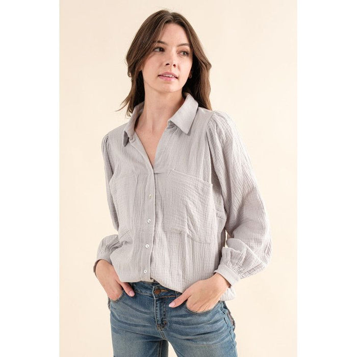 TEXTURED GAUZE BUTTON DOWN PUFF SLEEVES BLOUSE TOP