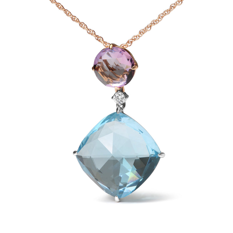 Bids.com 18K White and Rose Gold Round Diamond Accent and Round Rose De France Pink Amethyst and Cushion Cut Sky Blue Topaz Dangle Drop 18" Pendant Necklace (G-H Color, SI1-SI2 Clarity) Necklaces