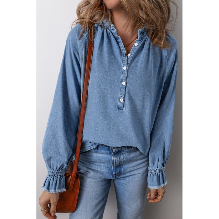 Half Button Long Sleeve Denim Top