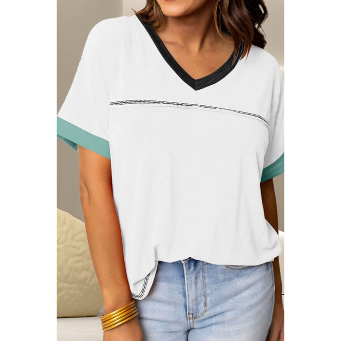 Color Block V-Neck Short Sleeve T-Shirt