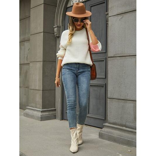 Contrast Round Neck Dropped Shoulder Sweater