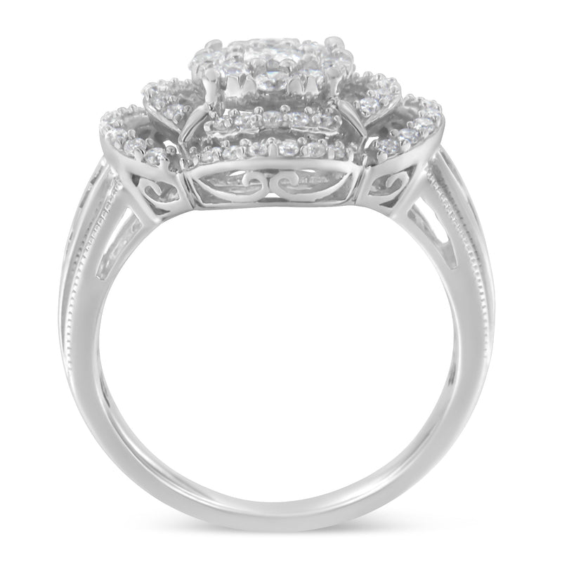 Bids.com 14K White Gold 1.0 Cttw Round & Baguette Cut Diamond Floral Cluster Quatrefoil Channel Set Band Cocktail Statement Ring (H-I Color, SI2-I1 Clarity) - Size 6-3/4 Rings