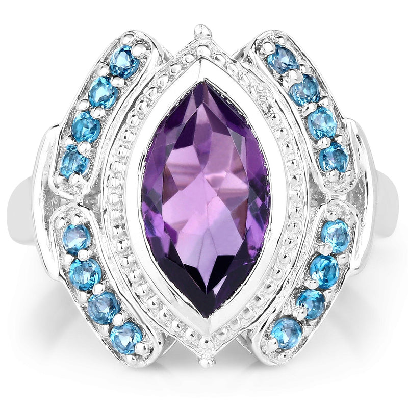 Bids.com 3.06 Carat Genuine Amethyst and London Blue Topaz .925 Sterling Silver Ring Rings