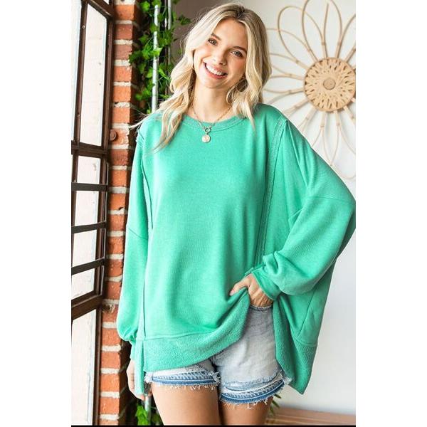 First Love Exposed Seam Round Neck Dropped Shoulder Blouse