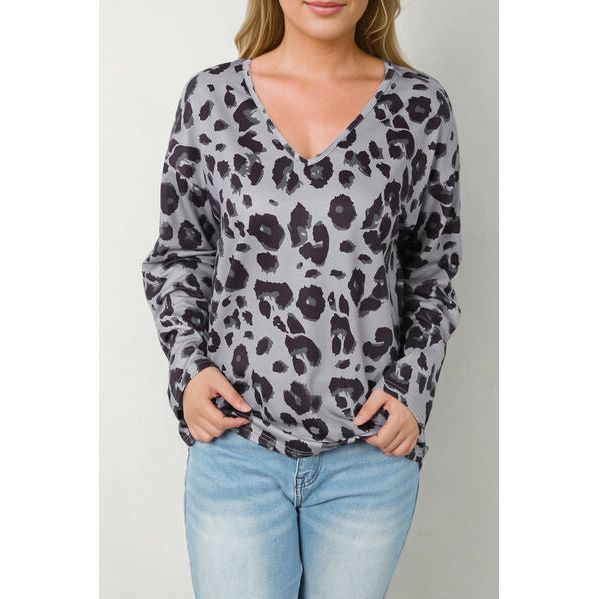 Leopard V-Neck Dropped Shoulder Blouse