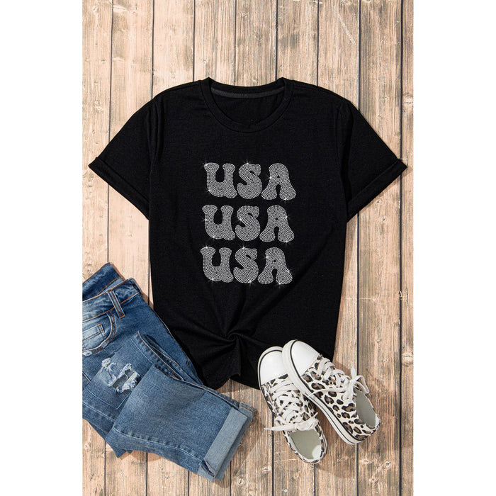 USA Rhinestone Round Neck Short Sleeve T-Shirt