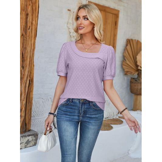 Eyelet Asymmetrical Neck Short Sleeve T-Shirt