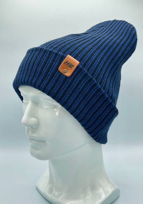 HAAKWEAR Cuffed Wide Ribbed Striped Beanie, Limited Edition, Black/Blue, Made in USA