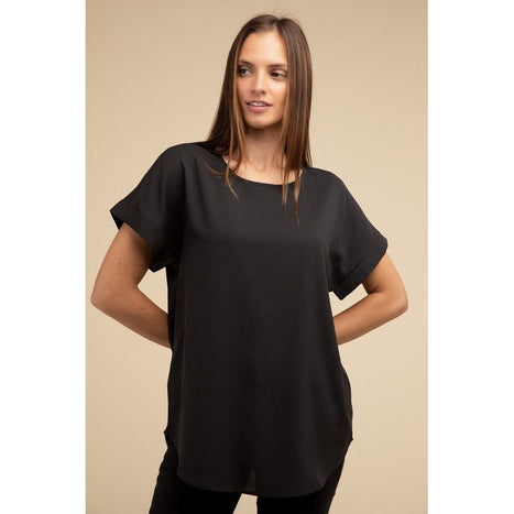 Woven Heavy Dobby Rolled Sleeve Boat Neck Top