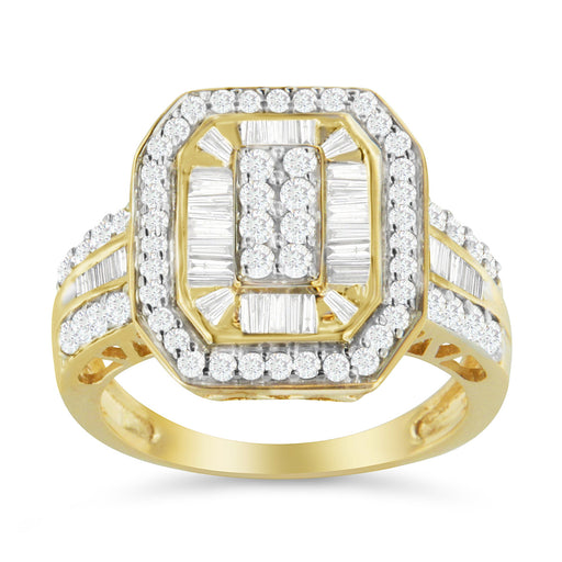 Bids.com 10K Yellow Gold 1.0 Cttw Diamond Vintage Inspired Baguette-Cut Double Halo Emerald-Shaped Frame Cocktail Ring (I-J Color, I1-I2 Clarity) - Size 6-1/2 Rings