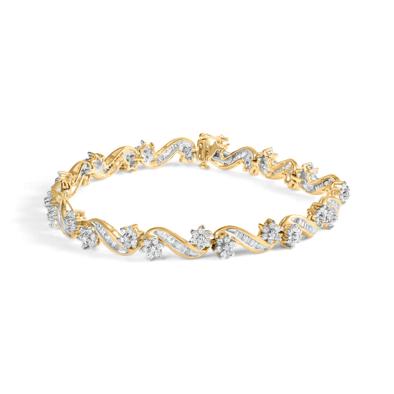 Bids.com 10k Yellow Gold 3.00 Cttw Round-Cut and Baguette-Cut Floral Link 7.25" Bracelet (I-J Color, I1-I2 Clarity) Bracelets