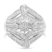Bids.com .925 Sterling Silver 1-1/8 Cttw Round & Baguette Diamond 'Flower & Fern' Cluster Cocktail Fashion Ring (I-J Color, I2-I3 Clarity) - Size 6 Rings