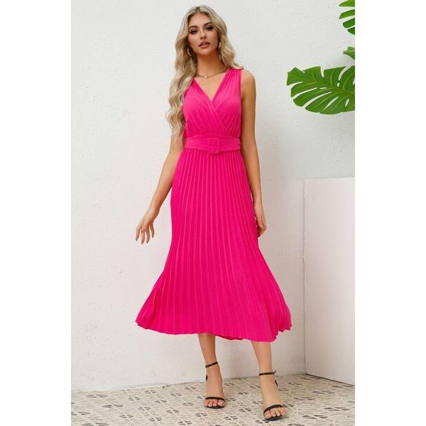 Surplice Sleeveless Midi Pleated Dress