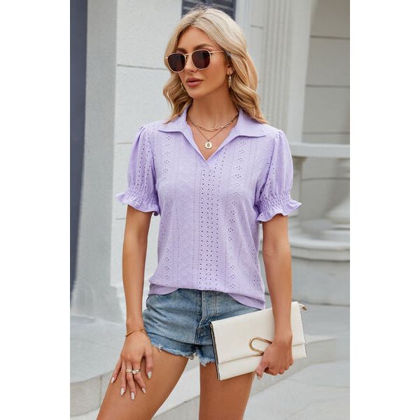 Eyelet Johnny Collar Short Sleeve Blouse