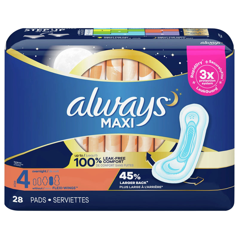 Always Always Maxi Size 4 Overnight Pads with Wings, 28-Count Pack of 6 Feminine Pads & Protectors