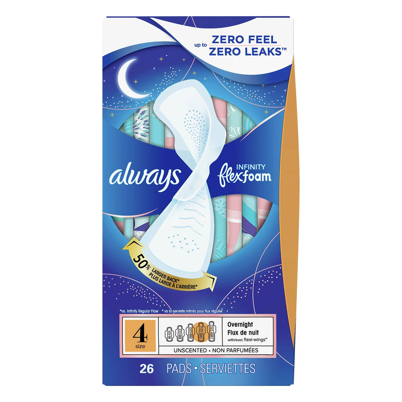 Always Always Infinity FlexFoam Pads, Size 4 Overnight with Wings 26 Count Feminine Pads & Protectors