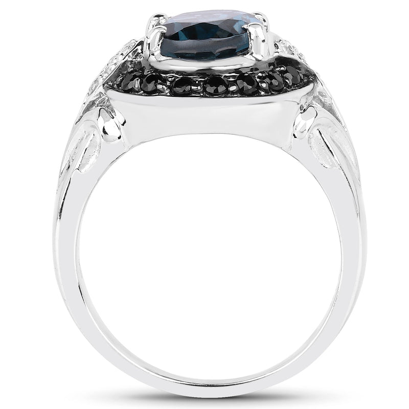 Bids.com 4.27 Carat Genuine London Blue Topaz, Black Spinel & White Topaz .925 Sterling Silver Ring Rings