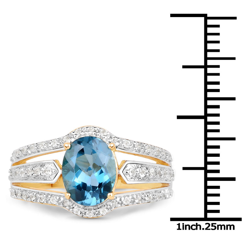 Bids.com 14K Yellow Gold Plated 2.30 Carat Genuine London Blue Topaz and White Topaz .925 Sterling Silver Ring Rings