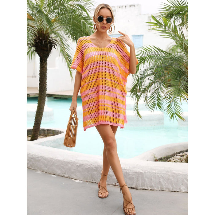 Tassel Openwork Striped V-Neck Cover Up