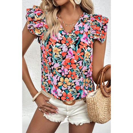 Ruffled Printed V-Neck Cap Sleeve Blouse