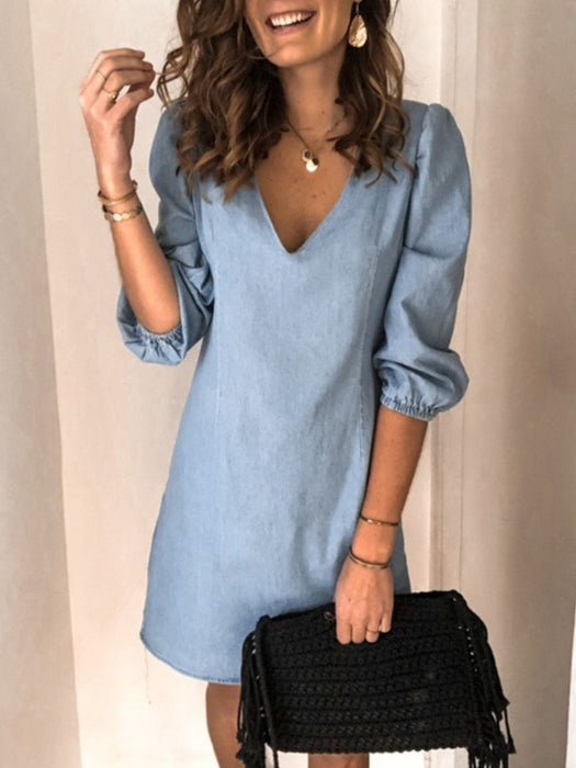 V-Neck Half Sleeve Denim Dress