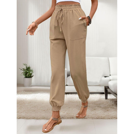 Tied Elastic Waist Pants with Pockets