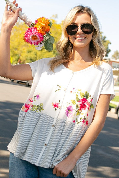 Floral Stripe Mixed Babydoll Top